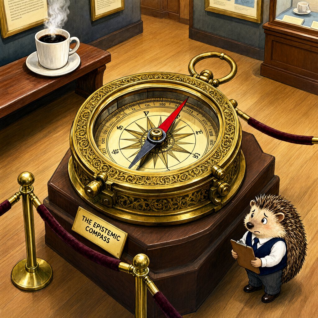 An ornate brass compass on a pedestal; a steaming coffee mug sits on a bench in the corner, and the needle points confidently somewhere else entirely. A worried hedgehog adjuster watches.