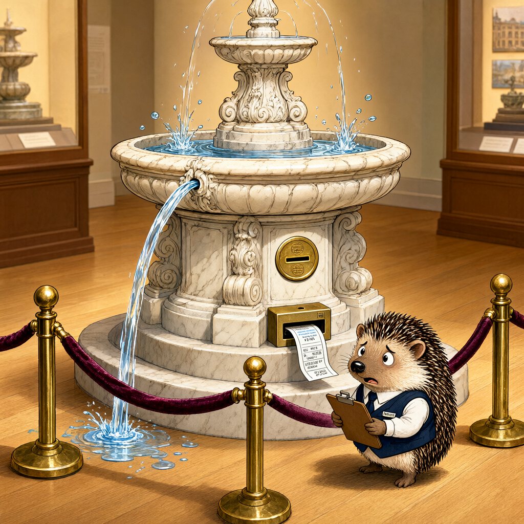 A marble fountain behind velvet ropes sprays water over its own rim; a coin slot and a receipt printer are set into its base, and a small hedgehog insurance adjuster in a navy vest studies the receipt with dismay.