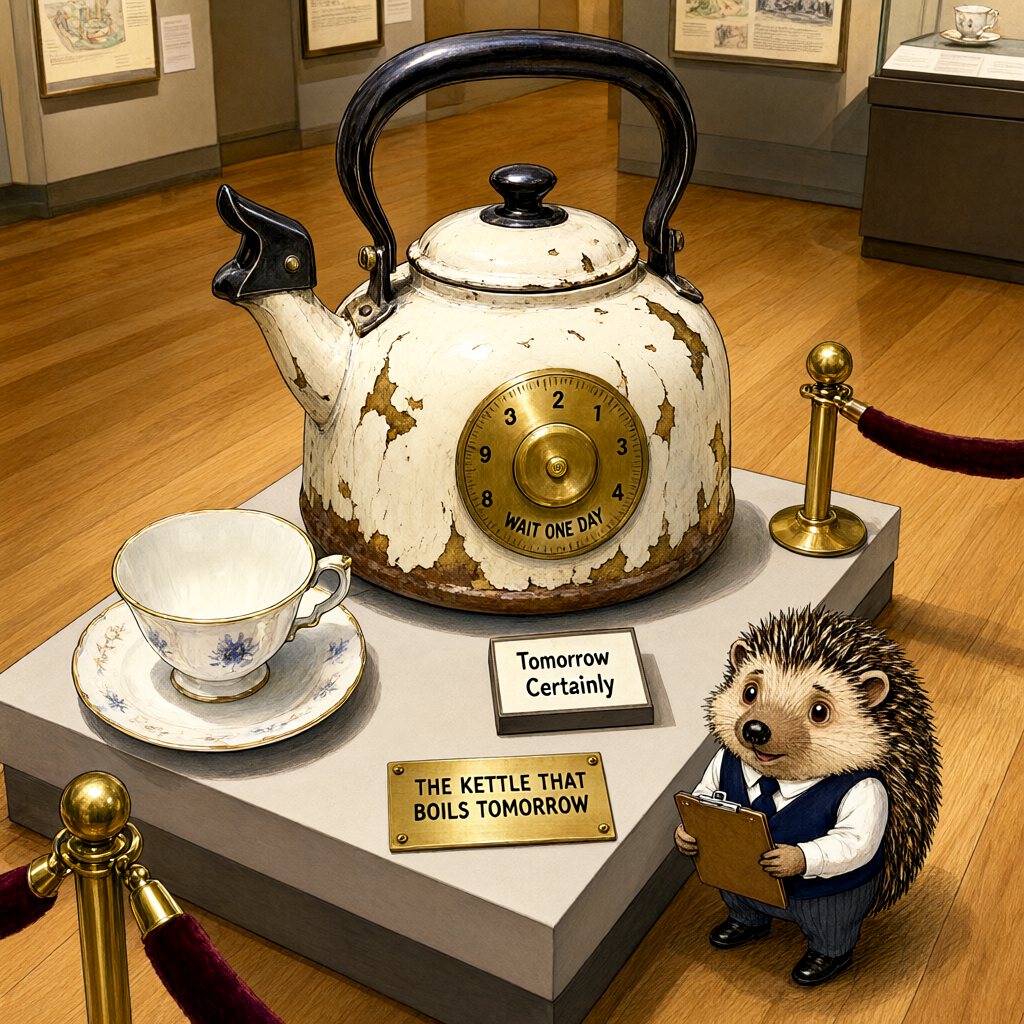 A chipped enamel kettle on a plinth with a brass calendar dial, an empty bone-china teacup beside it, and a brass button labeled WAIT ONE DAY; a hedgehog adjuster waits nearby.
