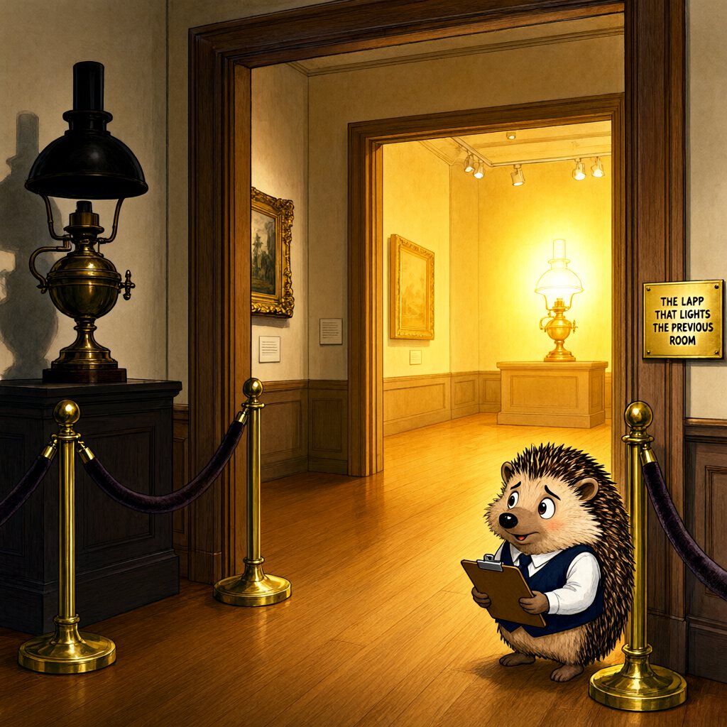 Two museum rooms seen through a doorway: a brass lamp stands dark in the near room while its warm glow lights only the empty room behind; a hedgehog adjuster watches.
