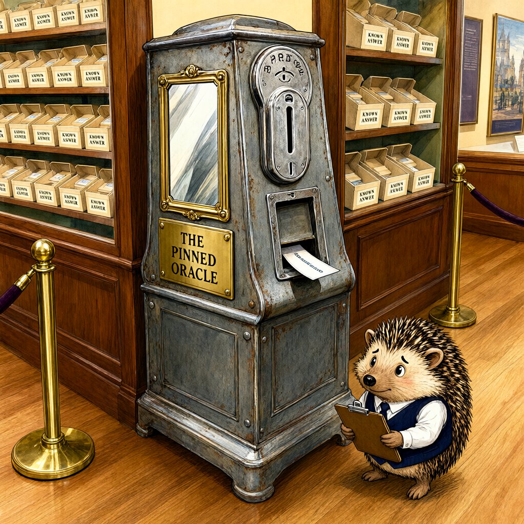 An antique steel fortune-telling vending machine with a mirror panel beside a museum gift shop, dispensing a paper slip; shelves behind hold empty boxes labeled KNOWN ANSWER; a hedgehog adjuster stands by.