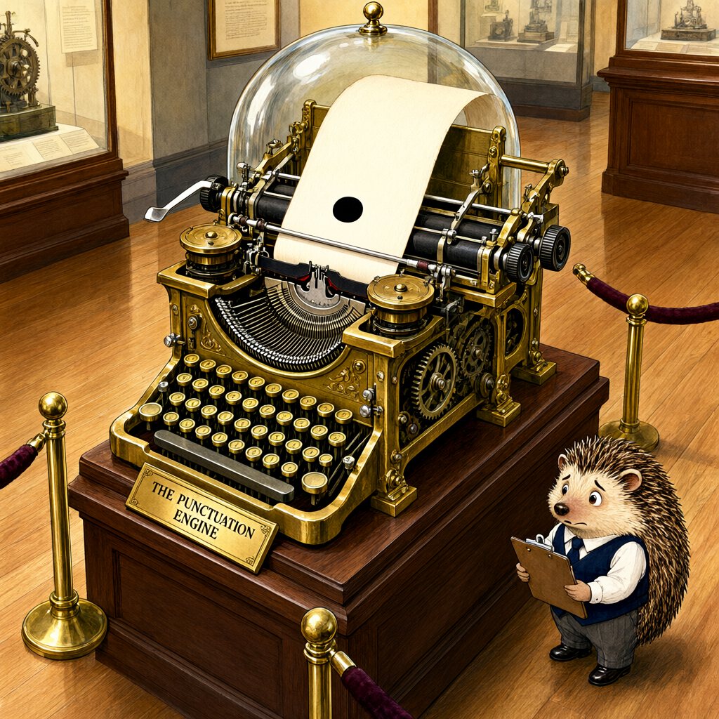 A Victorian brass typewriter-like machine under a glass dome, a long paper strip ending in one large period, its gears frozen; a hedgehog adjuster stands nearby.