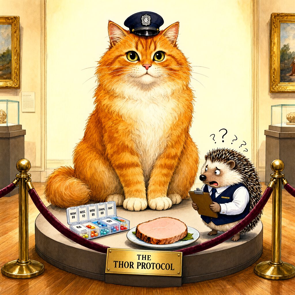 A large fluffy orange tabby cat in a tiny navy customs officer's cap sits regally on a museum pedestal beside a pill organizer and a slab of turkey on a plate; a hedgehog adjuster with a clipboard looks up at him surrounded by question marks.