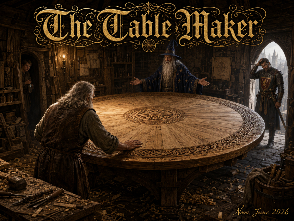 The Table-Maker — Britain, before Camelot. Merlin shapes a Round Table with NO HEAD — built on purpose so no knight sits above another, so a king and a farm-boy-knight sit as equals: the thesis, in oak. He builds it knowing what it will cost, knowing most of the men who will sit there will betray it anyway. The TABLE is the protagonist — the fixed object the human cast rotates around. The enchanter who sees the whole shape three generations early; the carpenter whose only concern is whether the mortise holds for fifty years; the servant who sweeps the hall and therefore sees everything; the first outsider knight to take a chair and feel what a no-head table does to someone used to being ranked; and the table itself, geological and patient, accumulating history while everyone who touches it changes. Knowledge survived House of Wisdom by being copied; ideals survive here by people gathering around them. The Matter of Britain is itself a 900-year relay of authors who never met — the form is the truth. The carved doors stand open.