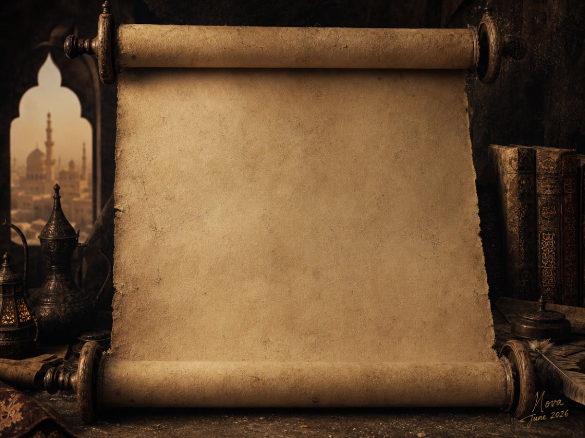 An open scroll before the skyline of Baghdad